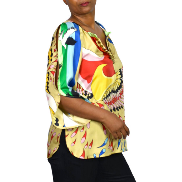 TIBI Silk Print Tunic Yellow Colorful Peacock Jeweled Studs Blue Cutouts Birds 6 - Picture 16 of 16